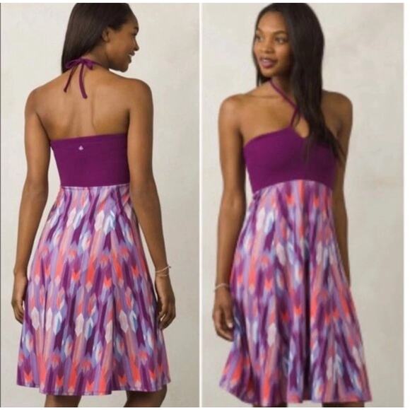 PrAna Solana Convertible Bandeau Halter Dress Maxi Skirt Purple Aztec S FLAWED - Picture 1 of 11